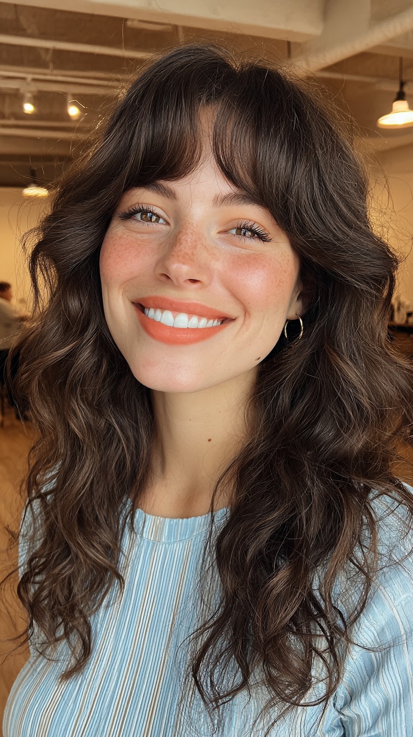 Softly Tousled Brunette Waves with Curtain Bangs
