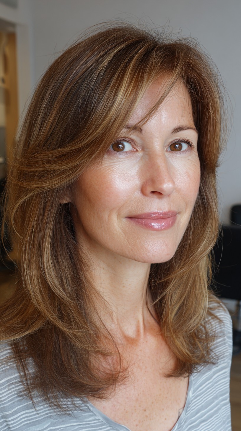 Subtle Chestnut Layers with Swooping Side Bangs