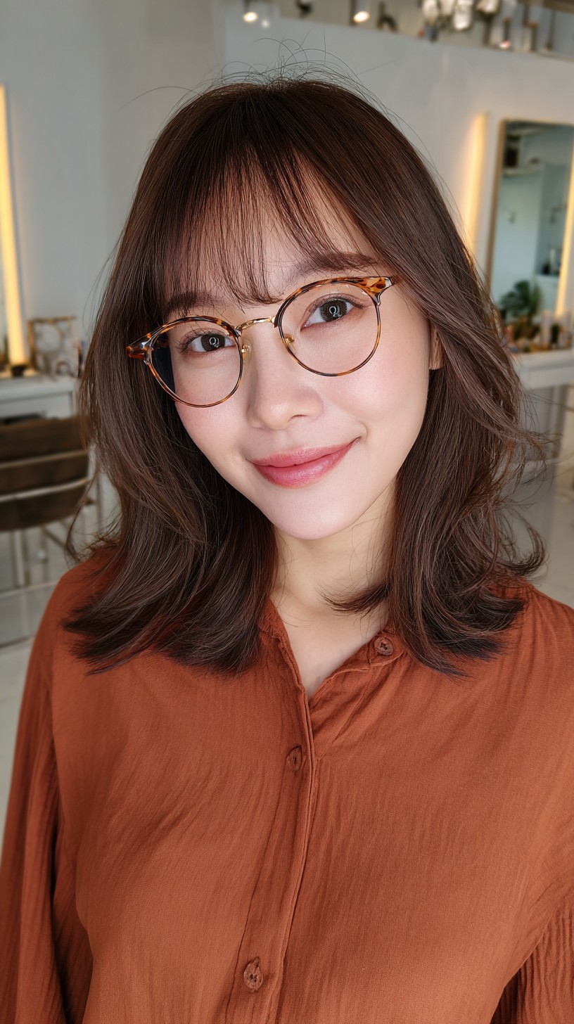 Subtle Chestnut Waves with Soft Curtain Bangs
