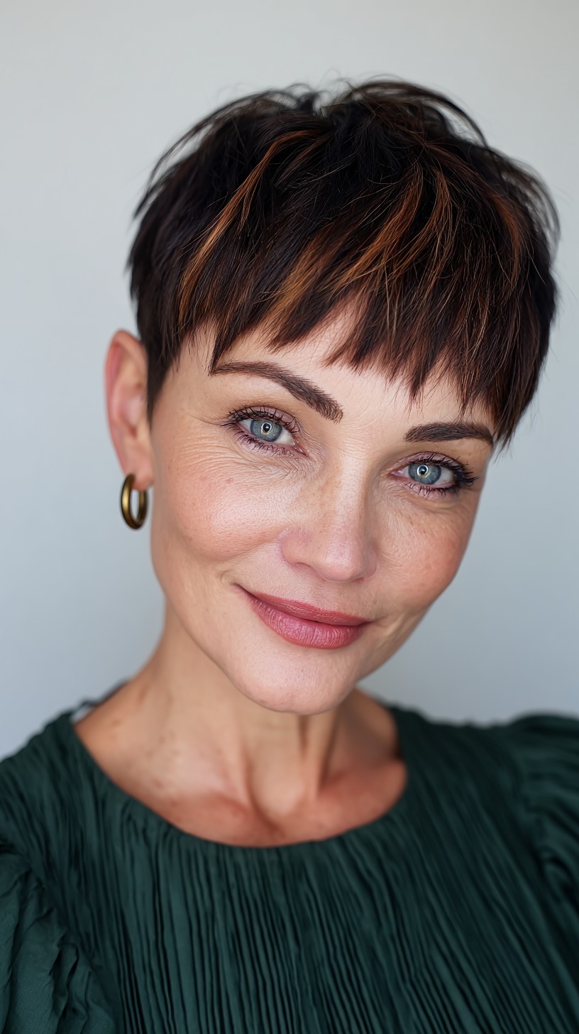 Textured-Asymmetrical-Brunette-Pixie-with-Natural-Highlights