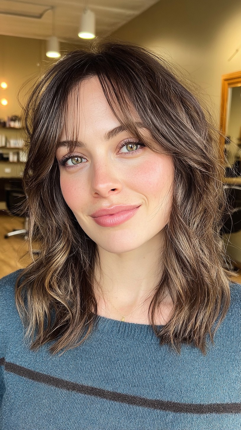 Textured Brunette Tousled Layers with Soft Bangs