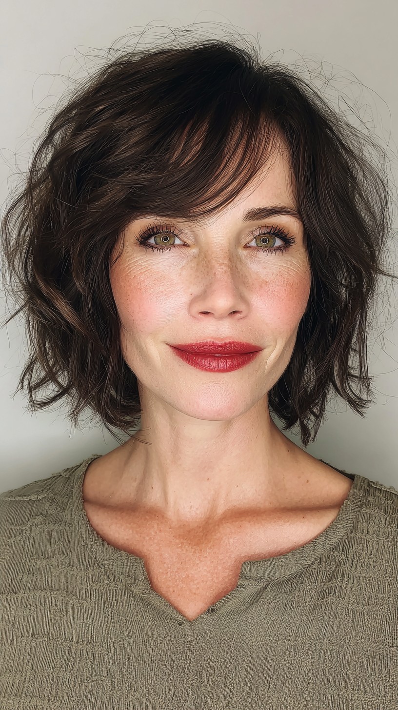 Textured Chocolate Bob with Side Swept Bangs