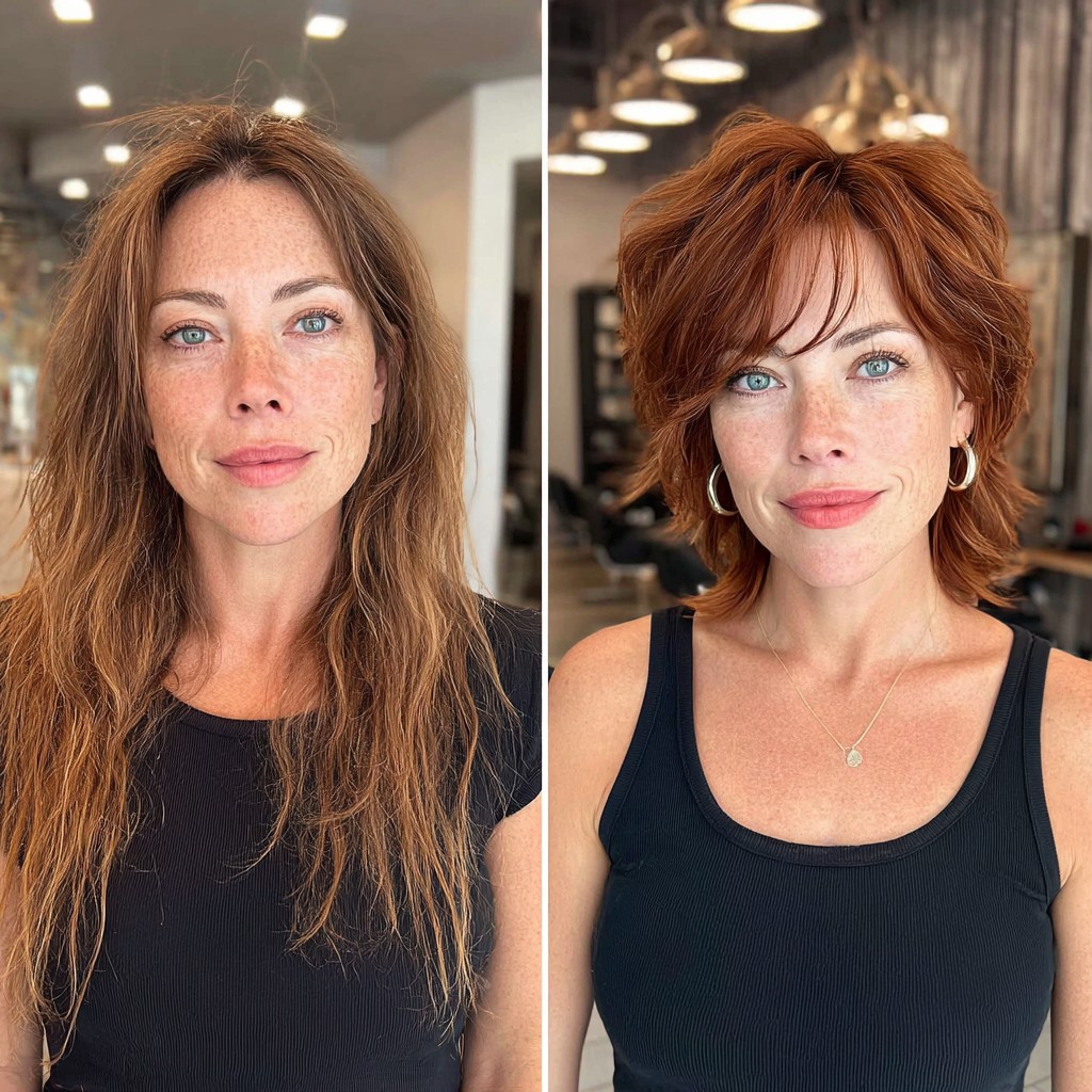 Textured Copper Mullet with Soft Bangs