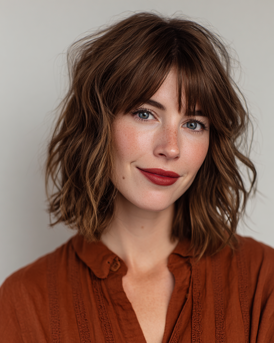 Textured Shoulder-Length Shag with Soft Bangs