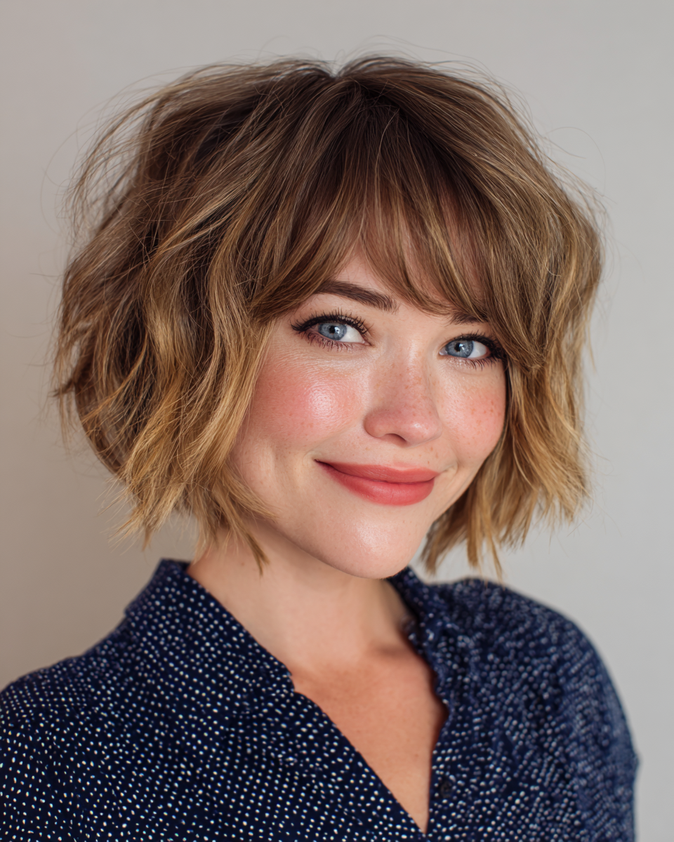 Textured Wavy Bob with Soft Bangs