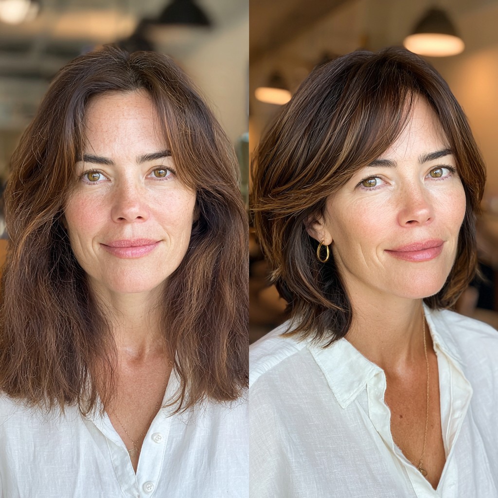 Versatile Bronzed Shoulder-Length Cut with Side-Swept Bangs