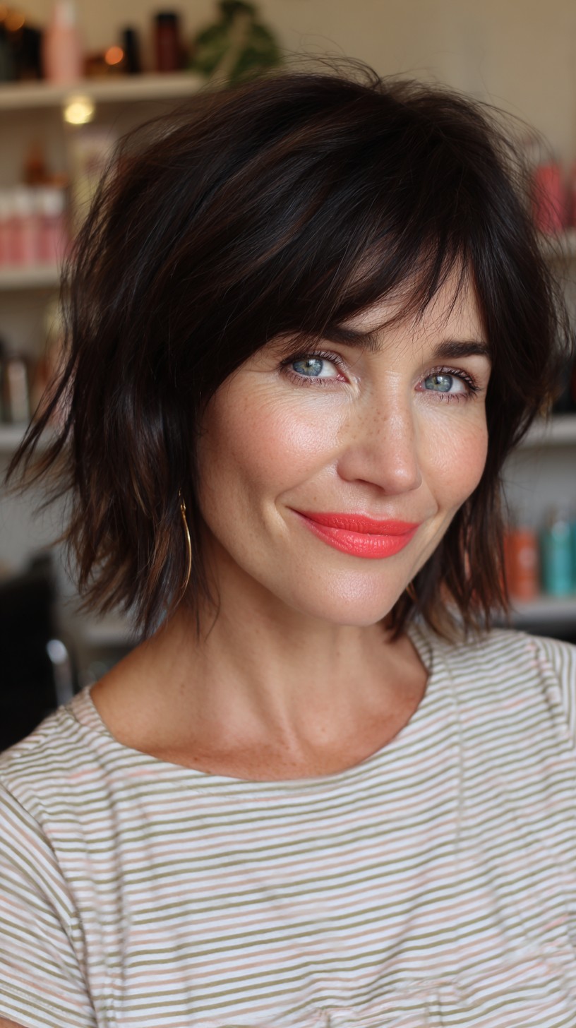 Vibrant Brunette Bob with Feathered Bangs