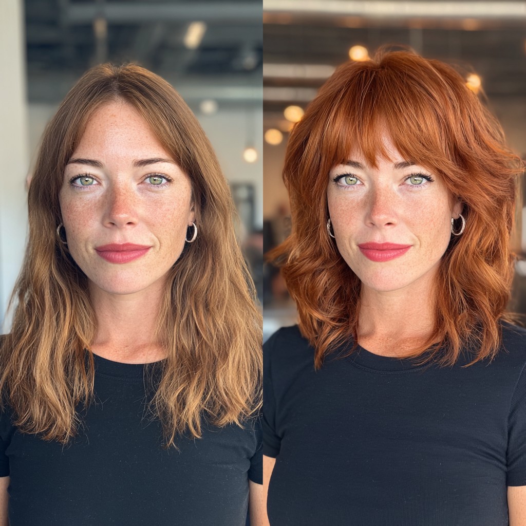 Vibrant Copper Layered Transformation with Side-Swept Fringe