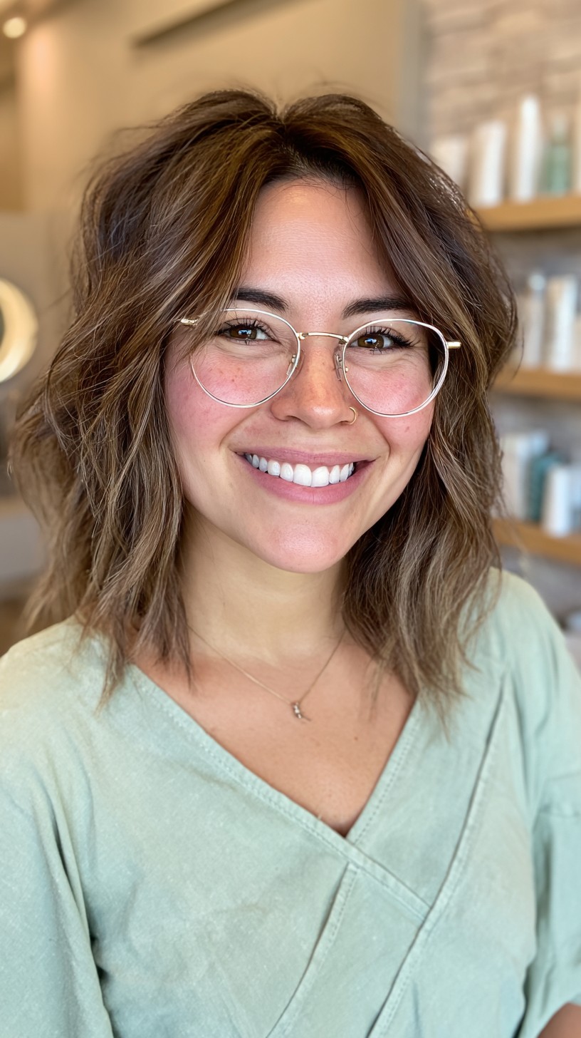Breezy Chestnut Tousled Layers with Soft Fringe