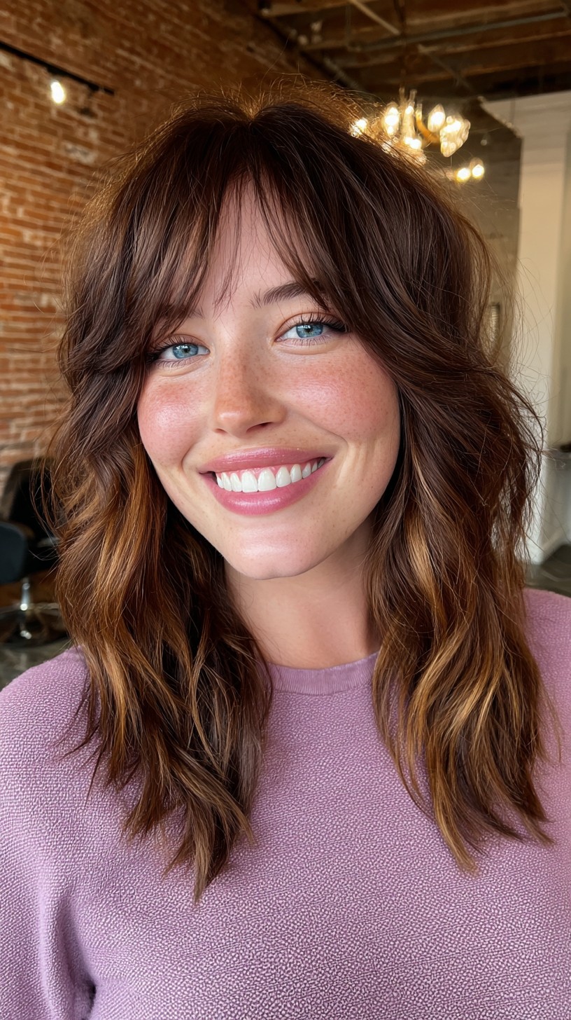 Brunette Waves with Seamless Curtain Bangs