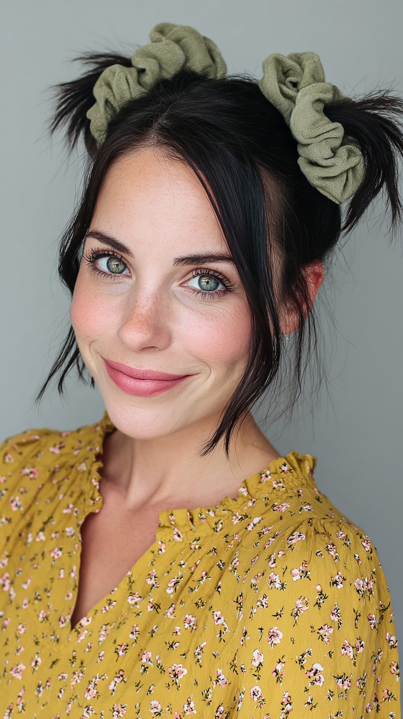 Chic-Black-Pigtail-Buns-with-Green-Scrunchies