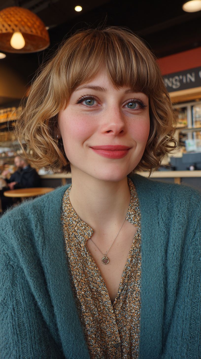 Chic Curly Bob with Soft Fringe