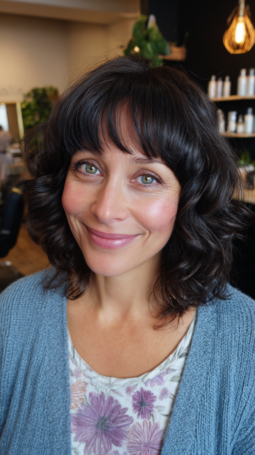 Chic Curly Lob with Soft Bangs
