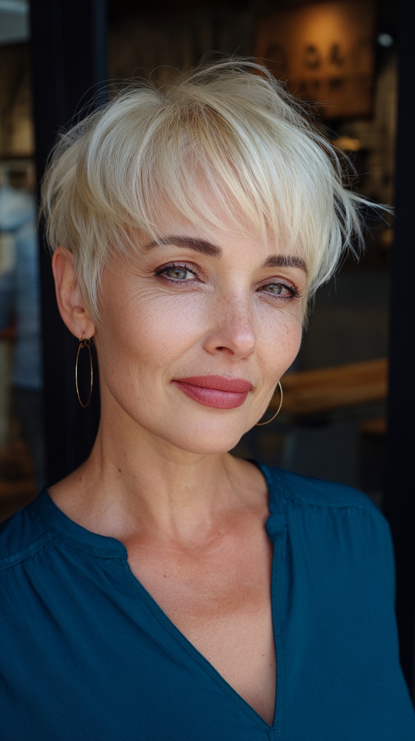Chic Icy Blonde Textured Pixie with Bangs