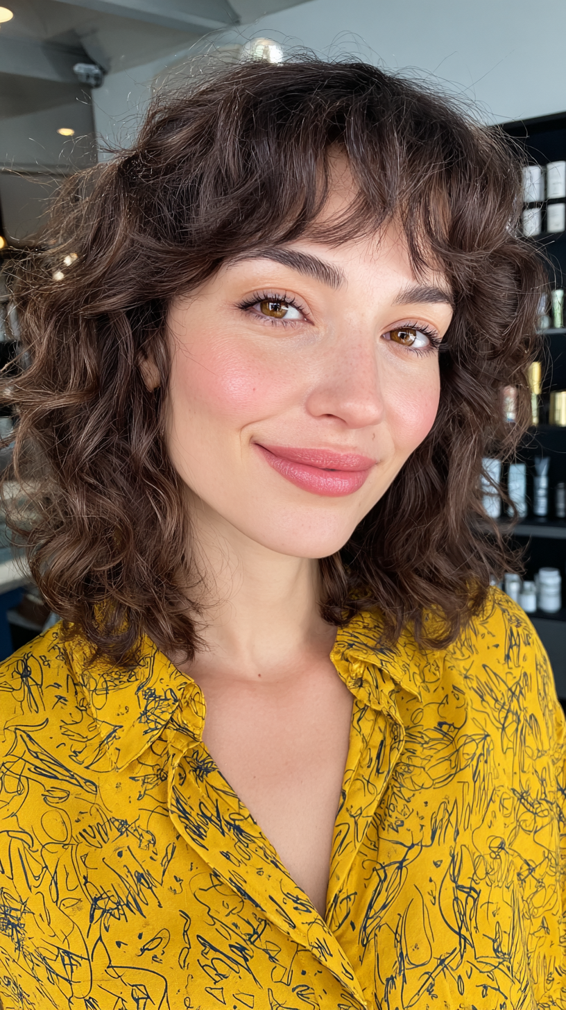 Curly Long Bob with Playful Bangs