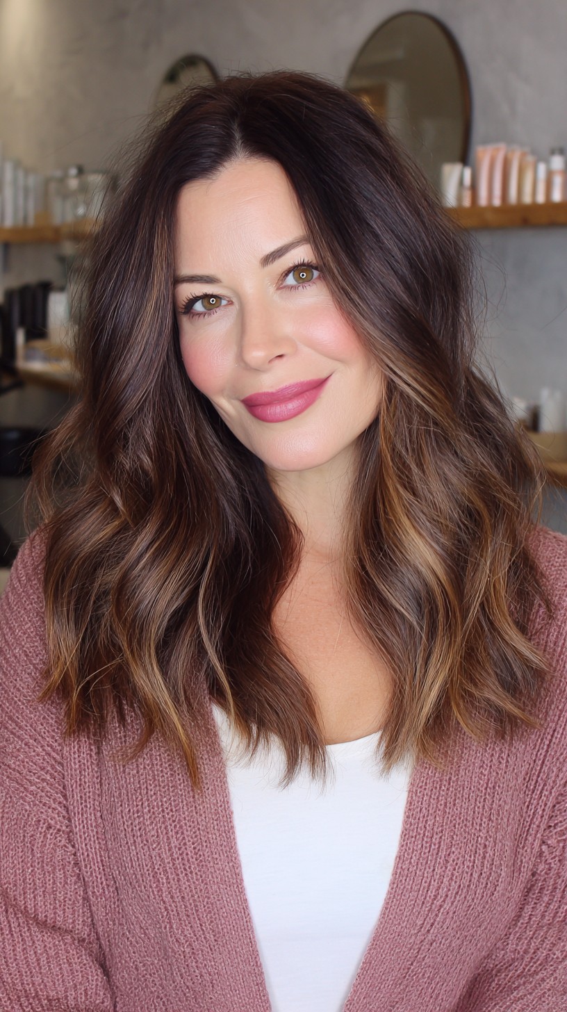 Deep Chestnut Waves with Caramel Highlights