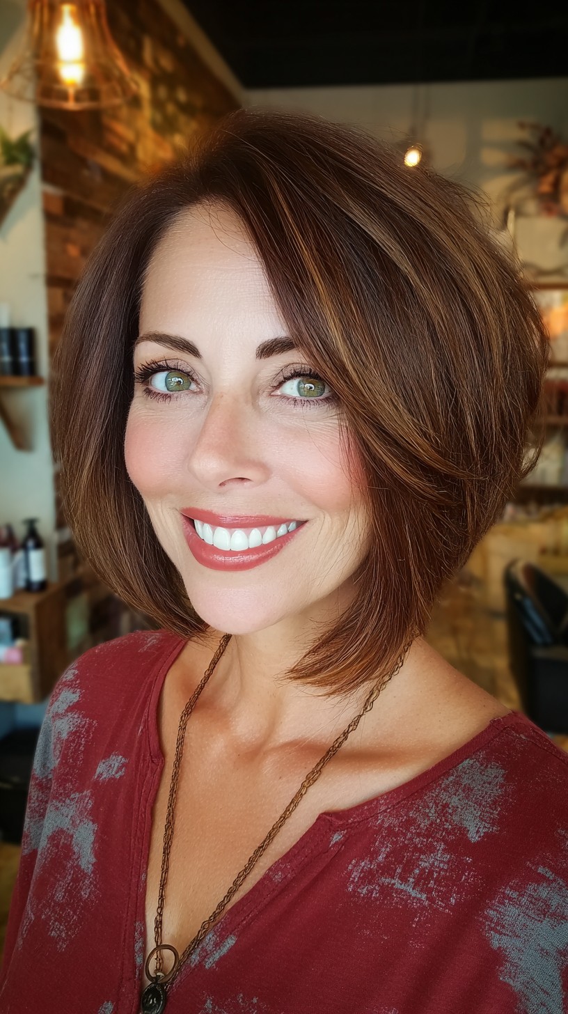 Dynamic Chestnut Stacked Bob with Soft Textures
