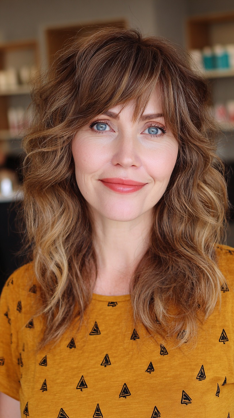 Effortless Caramel Wavy Shag with Subtle Bangs