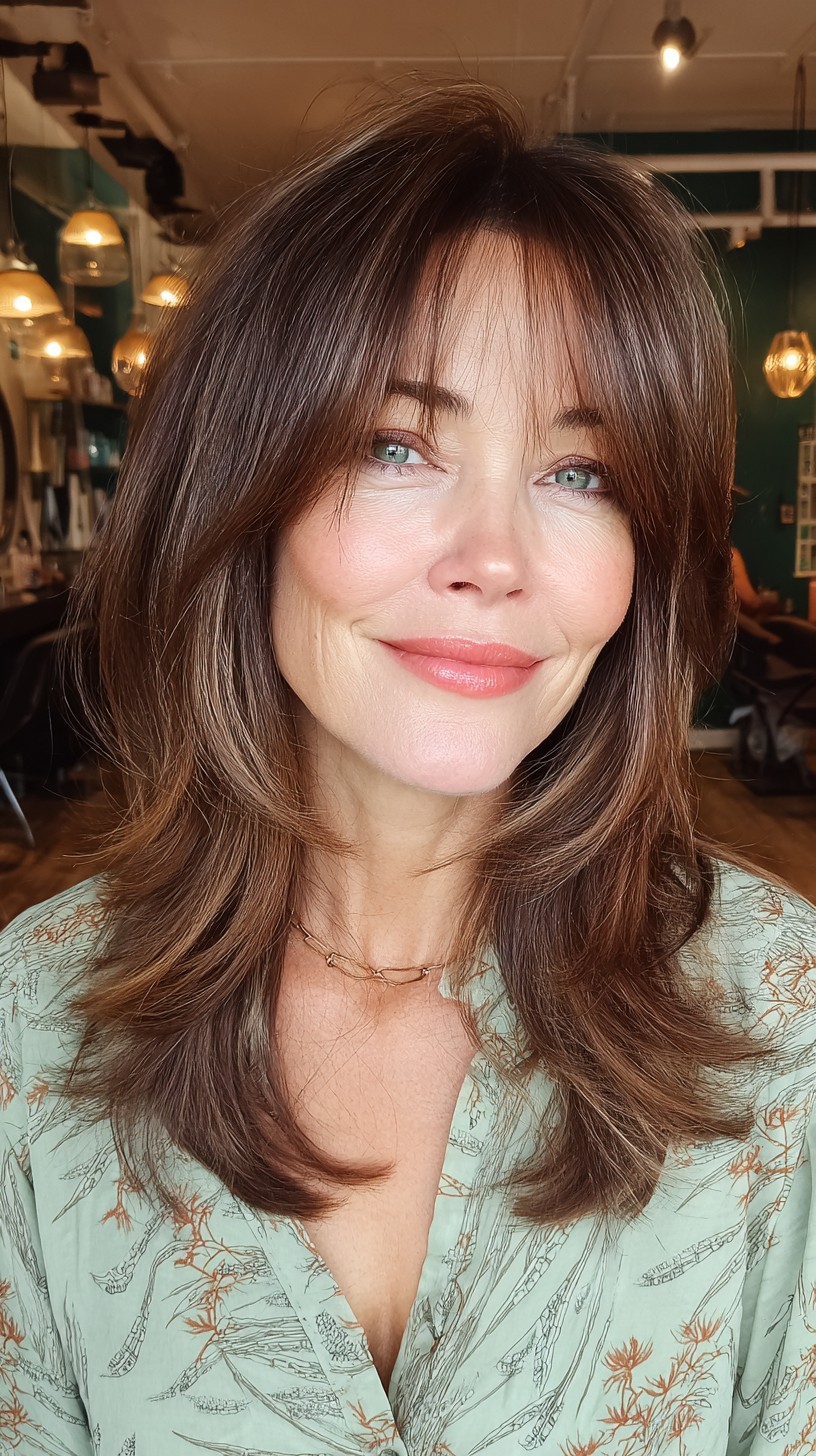 Effortless Chestnut Cascade with Soft Bangs