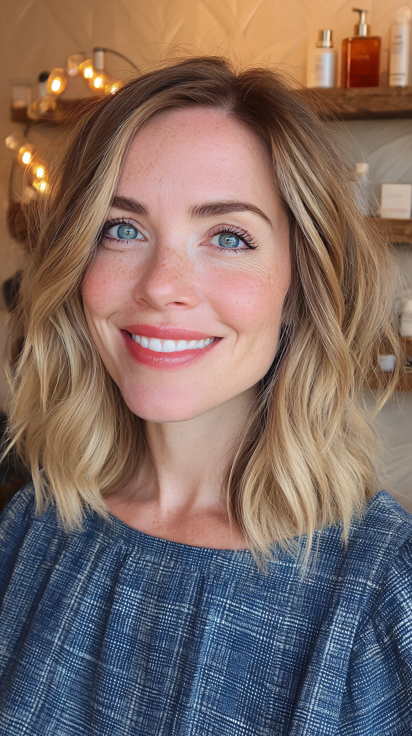 Effortlessly Textured Long Bob with Subtle Highlights