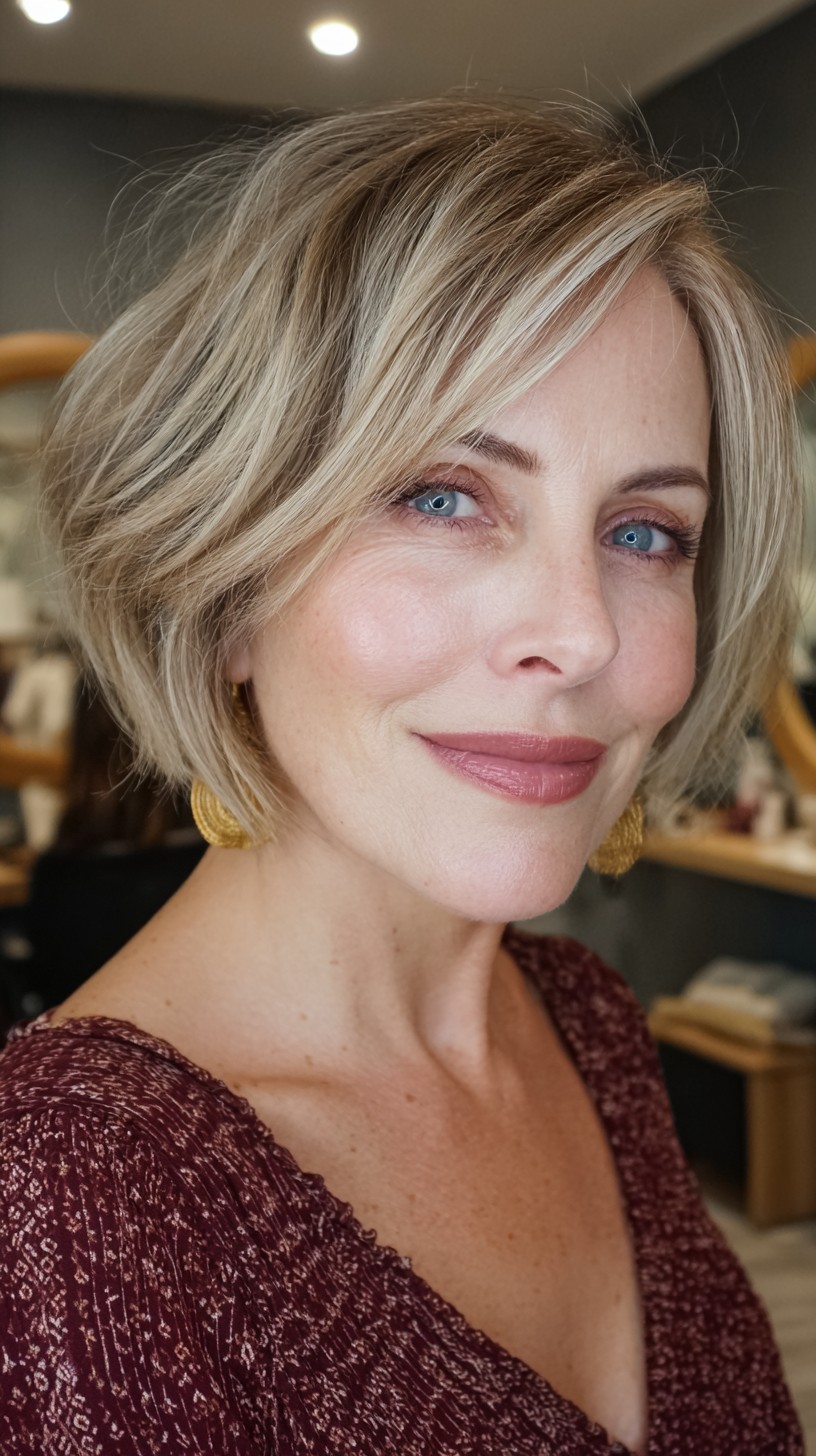 Elegant Ash Blonde Layered Bob with Side Sweep