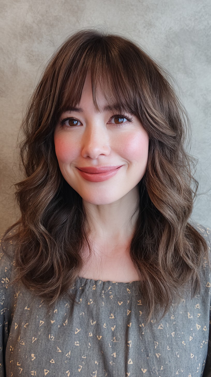 Lush Brunette Waves with Feathered Bangs