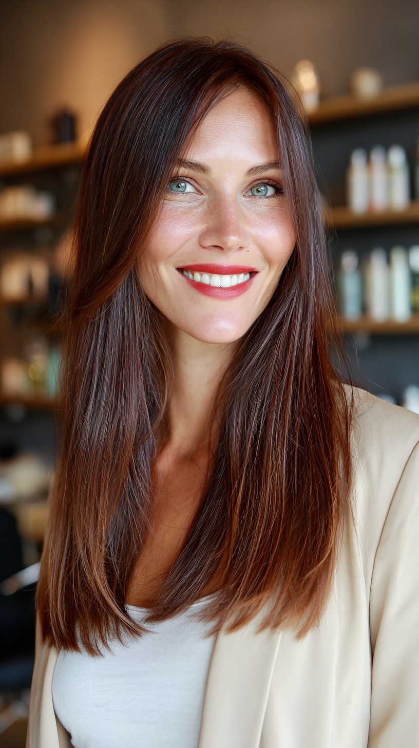 Lustrous Deep Chestnut Long Layers with Face-Framing Highlights