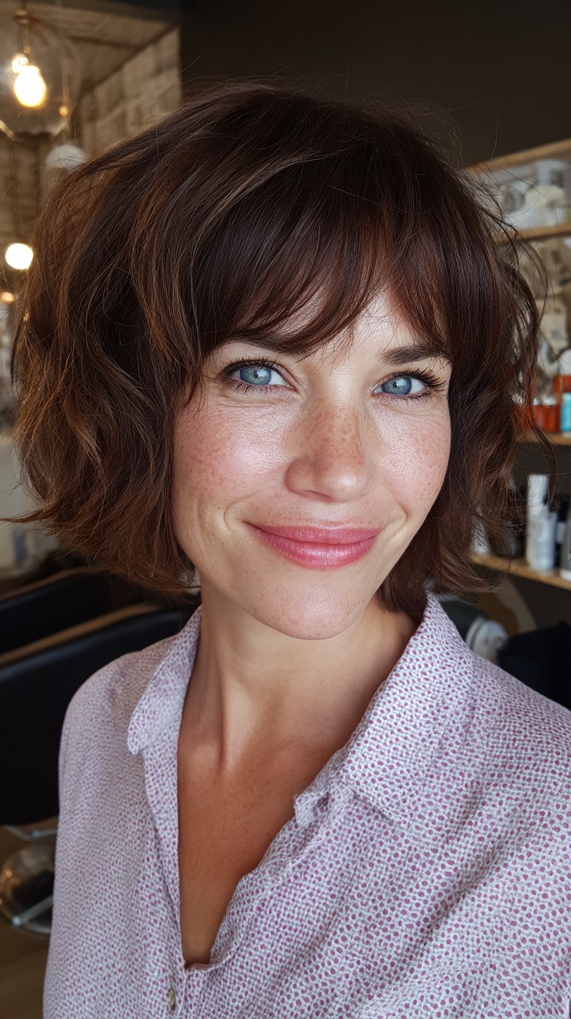 Playful Brunette Wavy Bob with Fringe