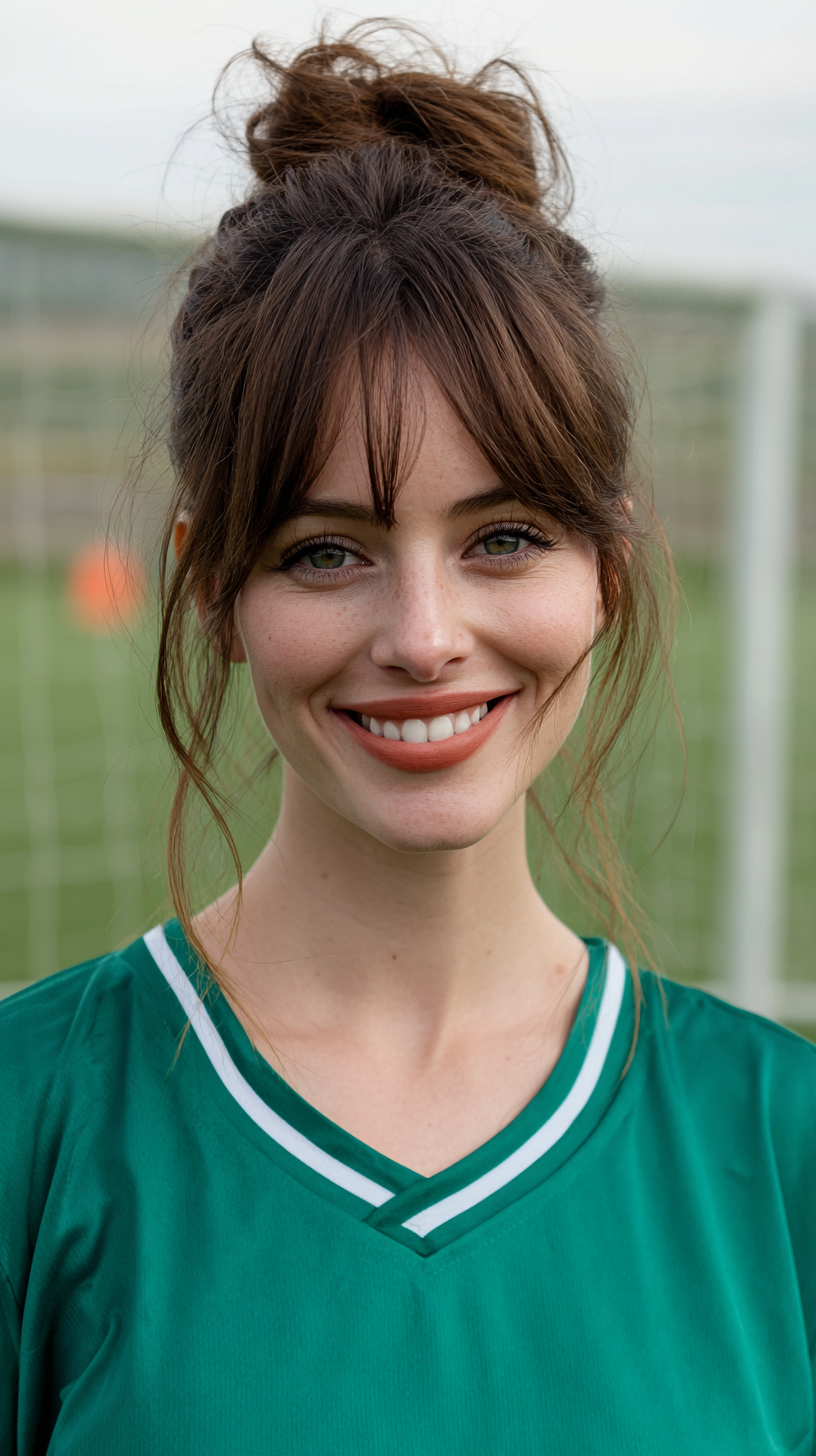 Playful High Bun with Face-Framing Bangs