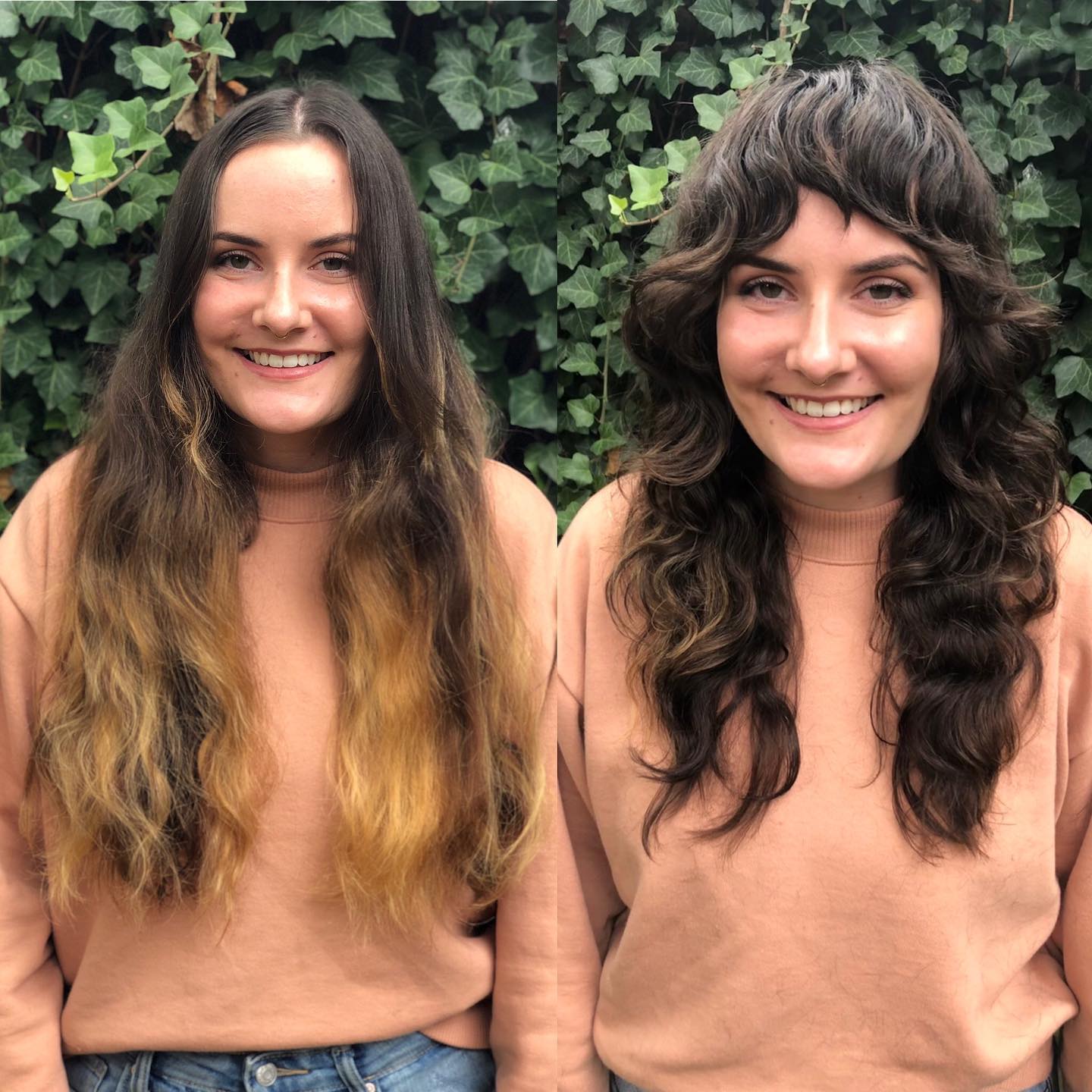 Rich Chestnut Waves with Soft Bangs Transformation