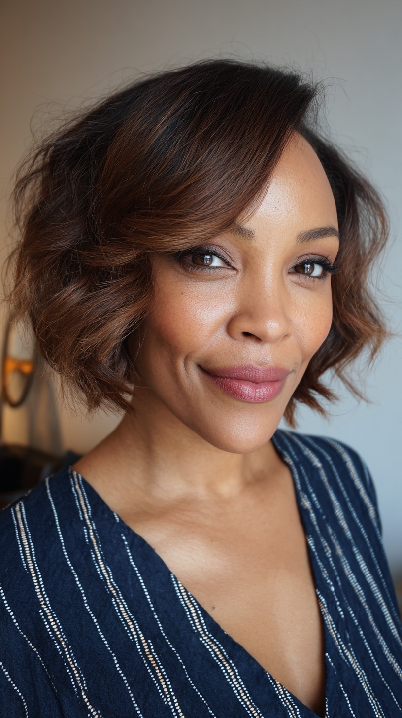 Sleek Chestnut Wavy Bob with Accent Highlights