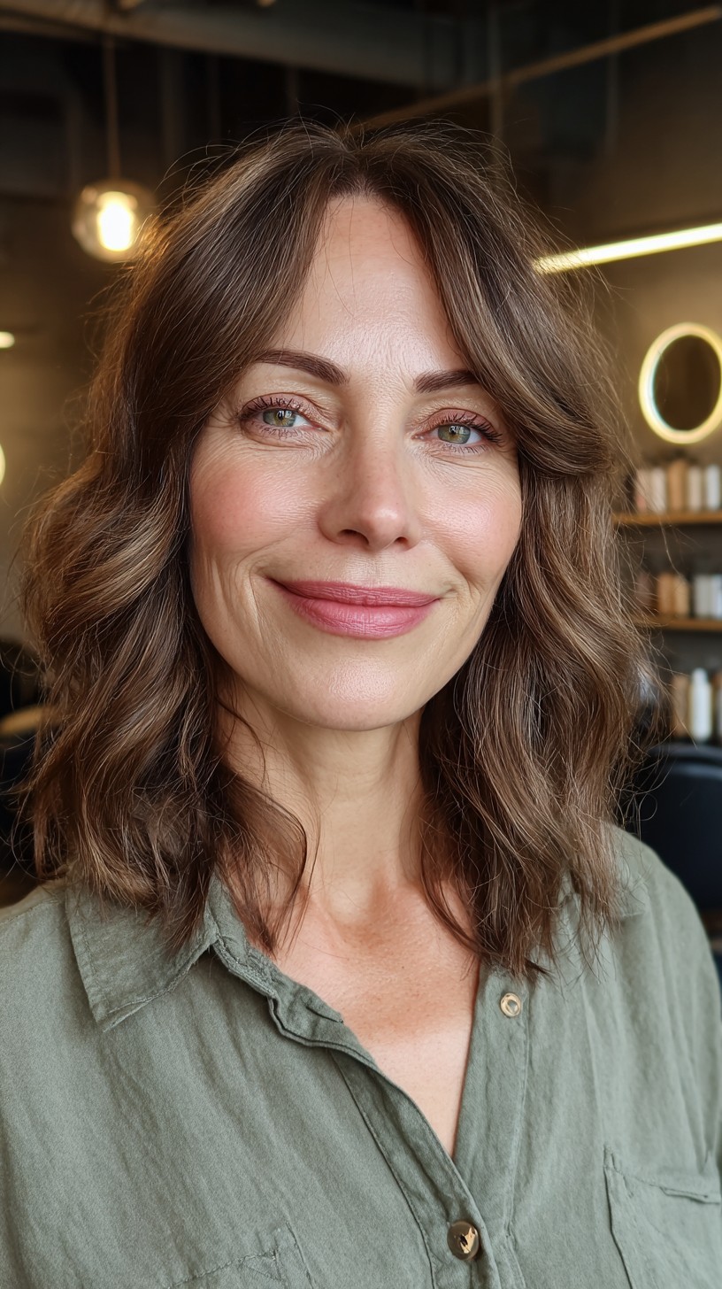 Soft Chestnut Waves with Face-Framing Highlights