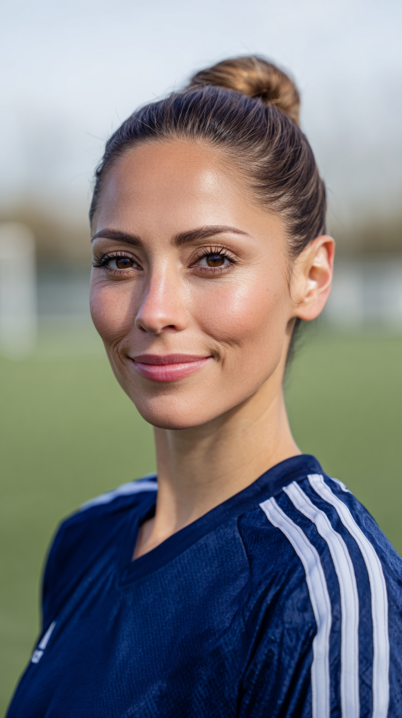 Sporty Sleek High Bun with Face-Framing Layers
