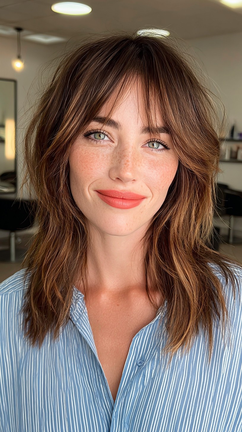 Sun-Kissed Chestnut Waves with Textured Fringe