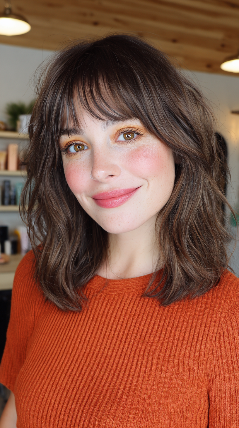 Textured Brown Shag with Soft Bangs