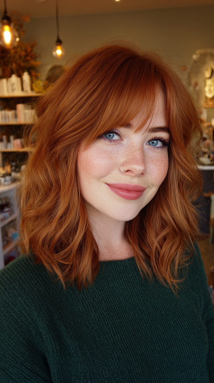 Textured Copper Long Bob with Wispy Bangs