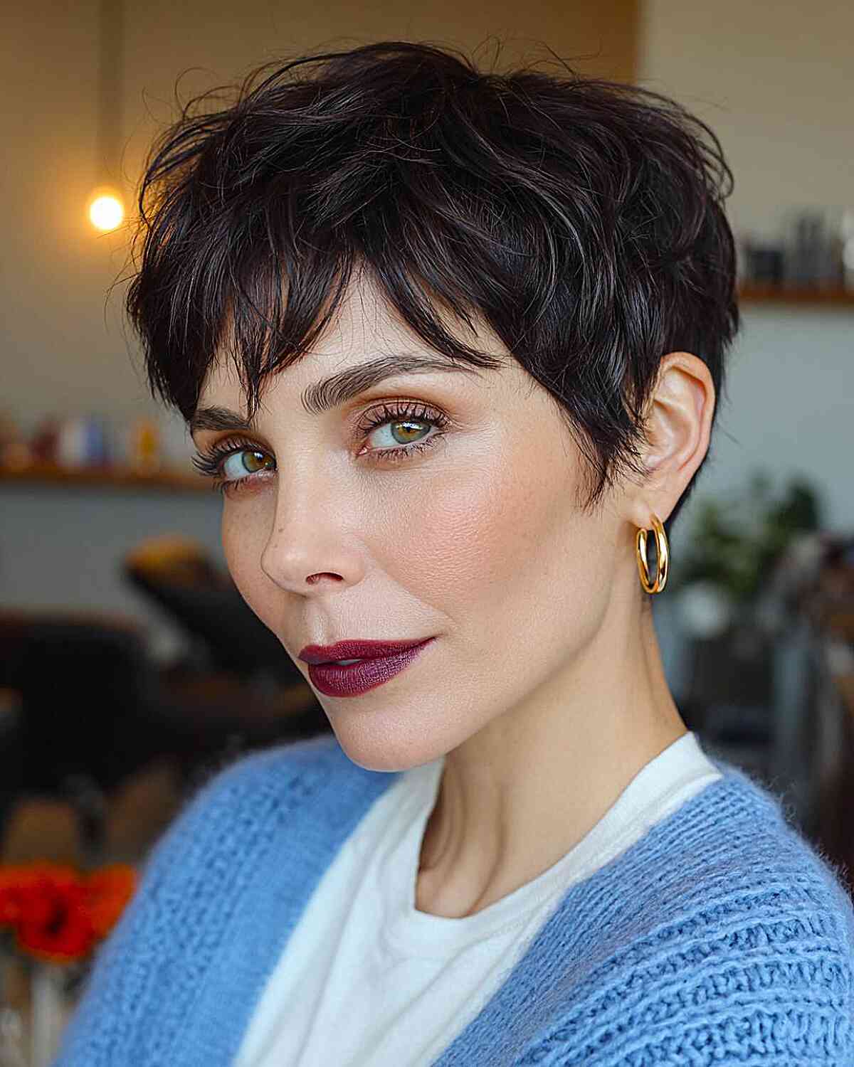 Textured Dark Pixie Cut with Soft Bangs