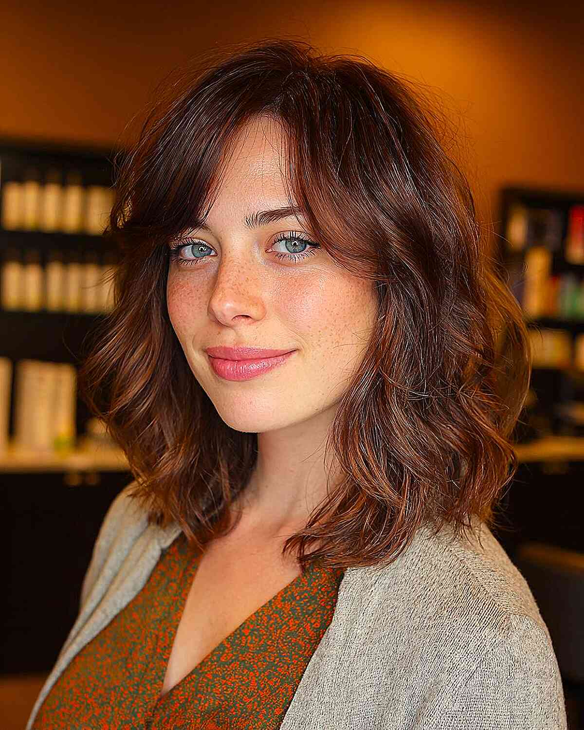 Textured Medium-Length Beach Waves with Curtain Bangs