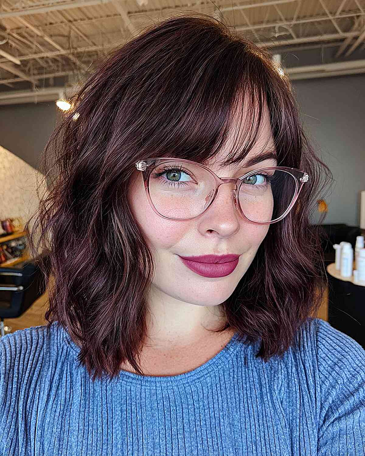 Textured Medium Length Wavy Cut with Curtain Bangs
