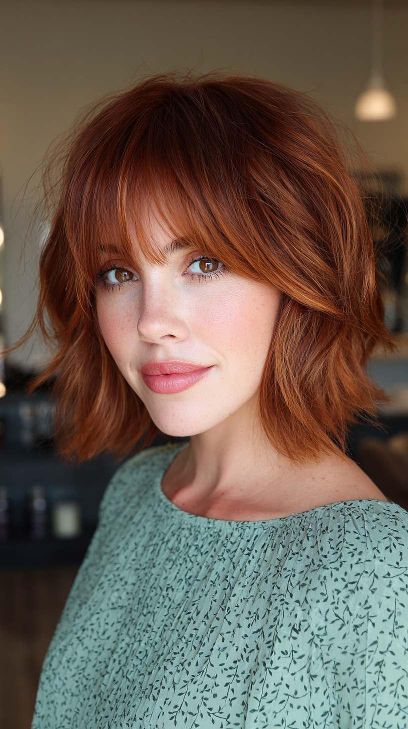 Vibrant Copper Shag with Face-Framing Bangs