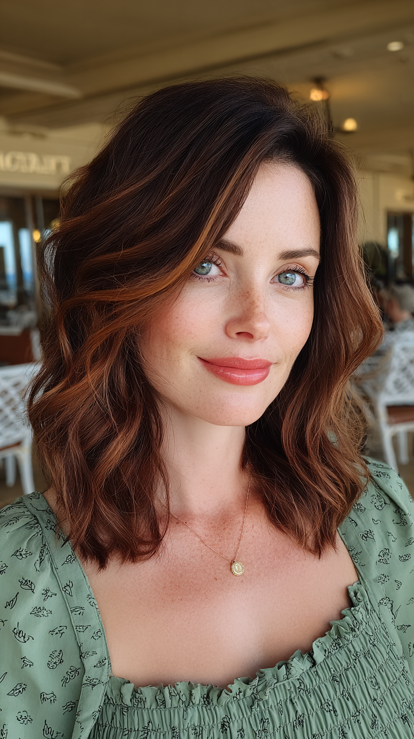 Warm Chestnut Layered Long Bob with Soft Curls