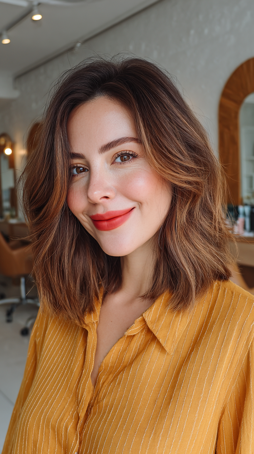 Warm Chocolate Layered Long Bob with Subtle Waves