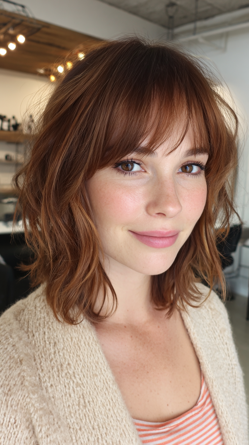 Warm Copper Beachy Lob with Soft Bangs