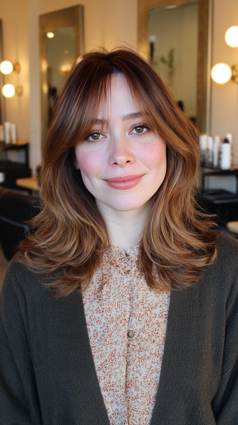 Warm Toned Shaggy Layered Cut with Soft Bangs