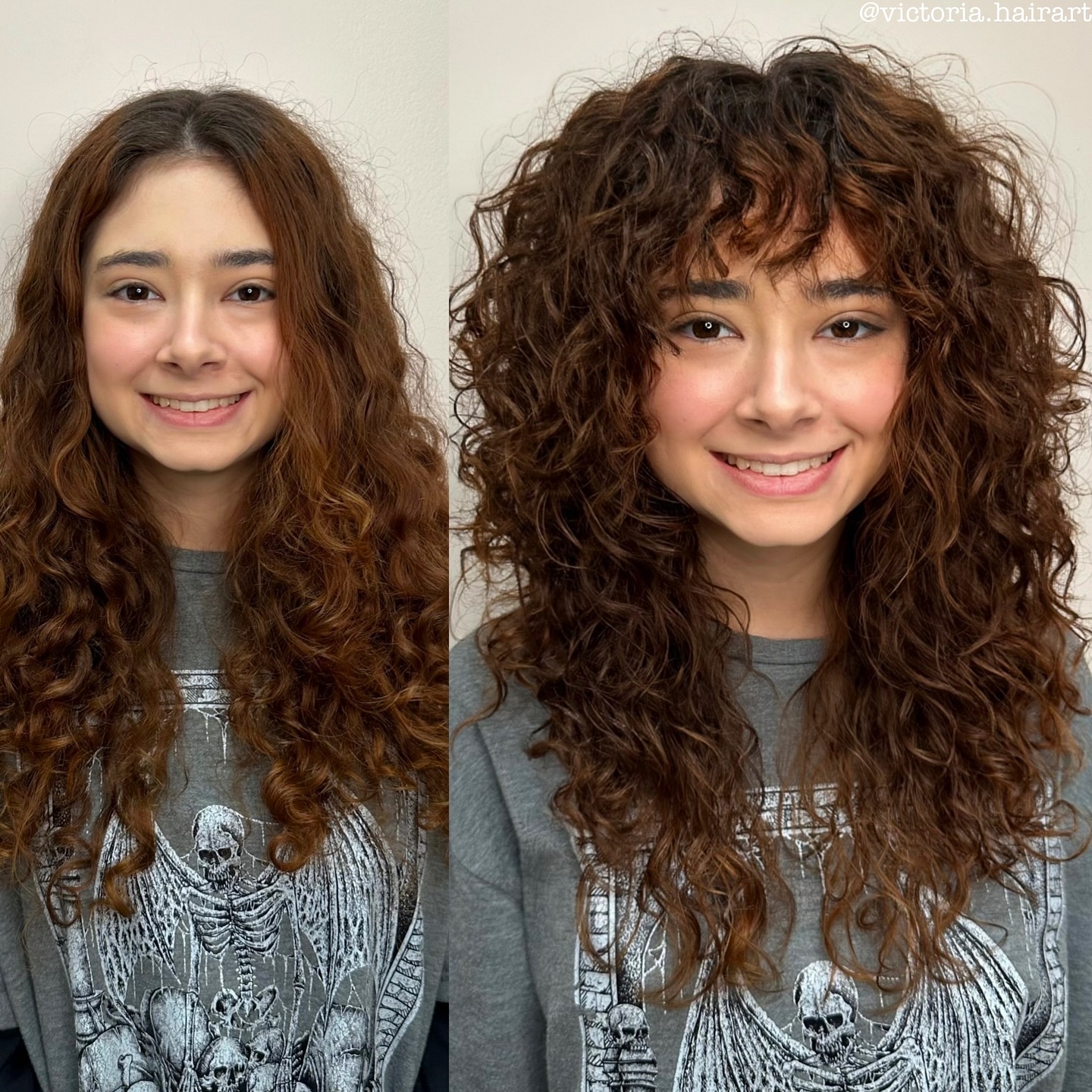 Windswept Chestnut Curls with Lush Fringe