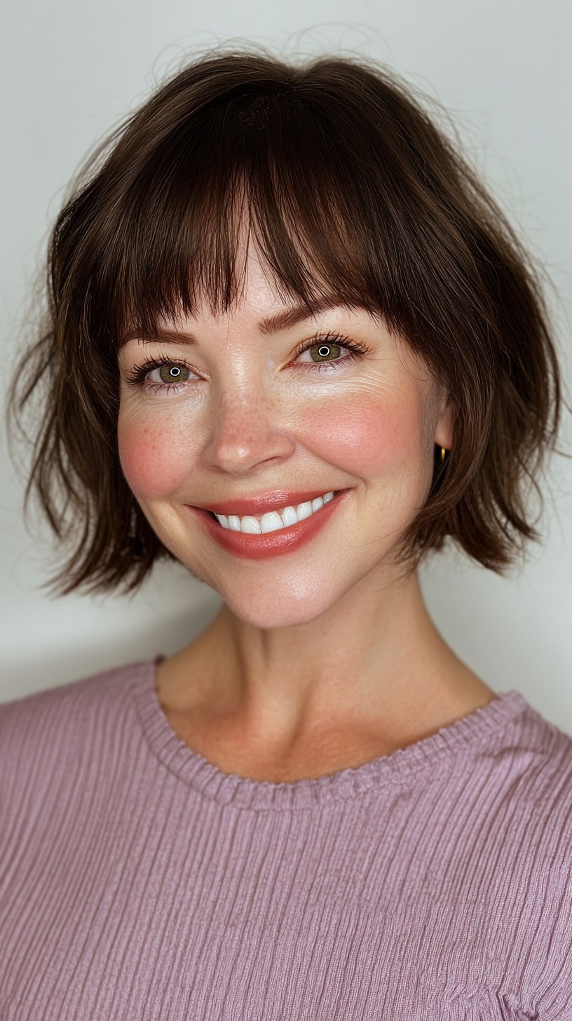 Charming Brunette Bob with Wispy Bangs