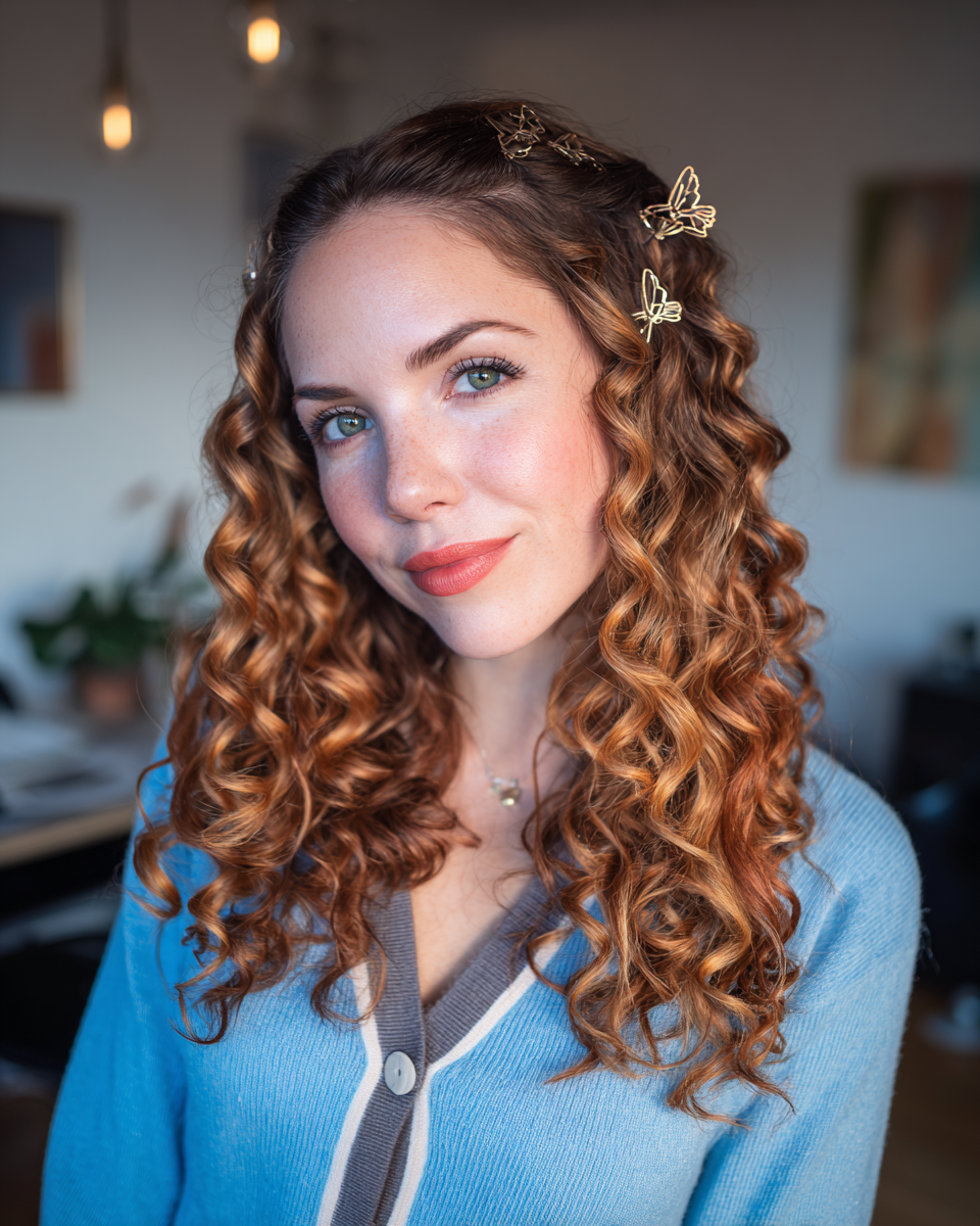 Chic Curly Redhead with Butterfly Clips