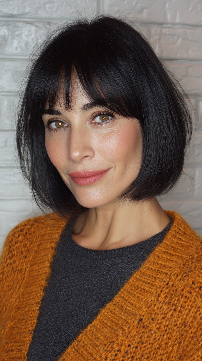 Chic Jet Black Bob with Sharp Blunt Bangs