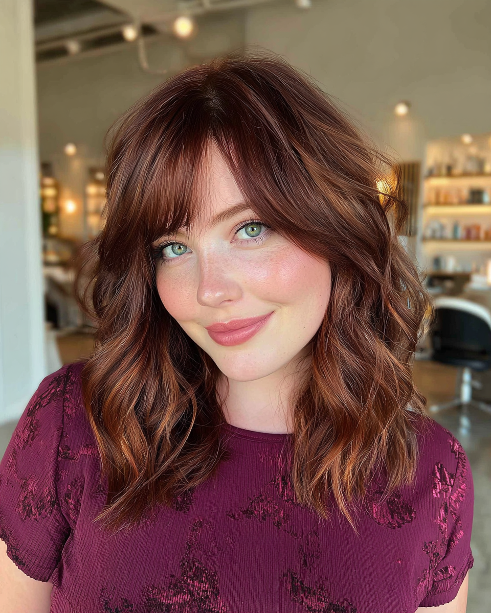 Chic Shoulder-Length Textured Waves with Soft Bangs