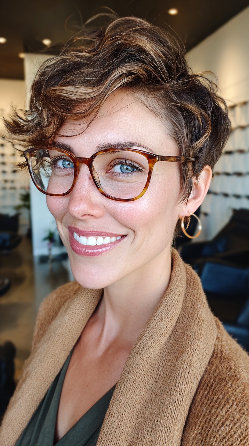 Effortless Chestnut Textured Pixie with Defined Waves